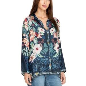 Johnny Was Nelia Silk Button-Down Blouse - Blue Floral - Size Large